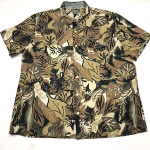 LL BEAN Hawaiian Shirt Men XL Green Palm Camo Slim Fit Signature Lounge Beach